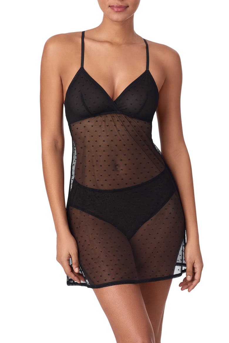 Heart Sheer Mesh Chemise, Main, color, BLACK