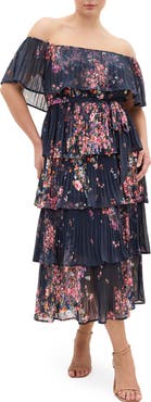 City Chic Night Garden Off the Shoulder Tiered Midi Dress