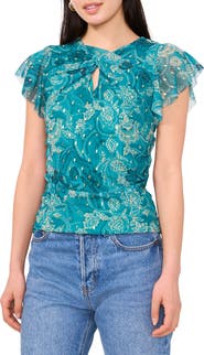 Vince Camuto Flutter Sleeve Clip Dot Mesh Top