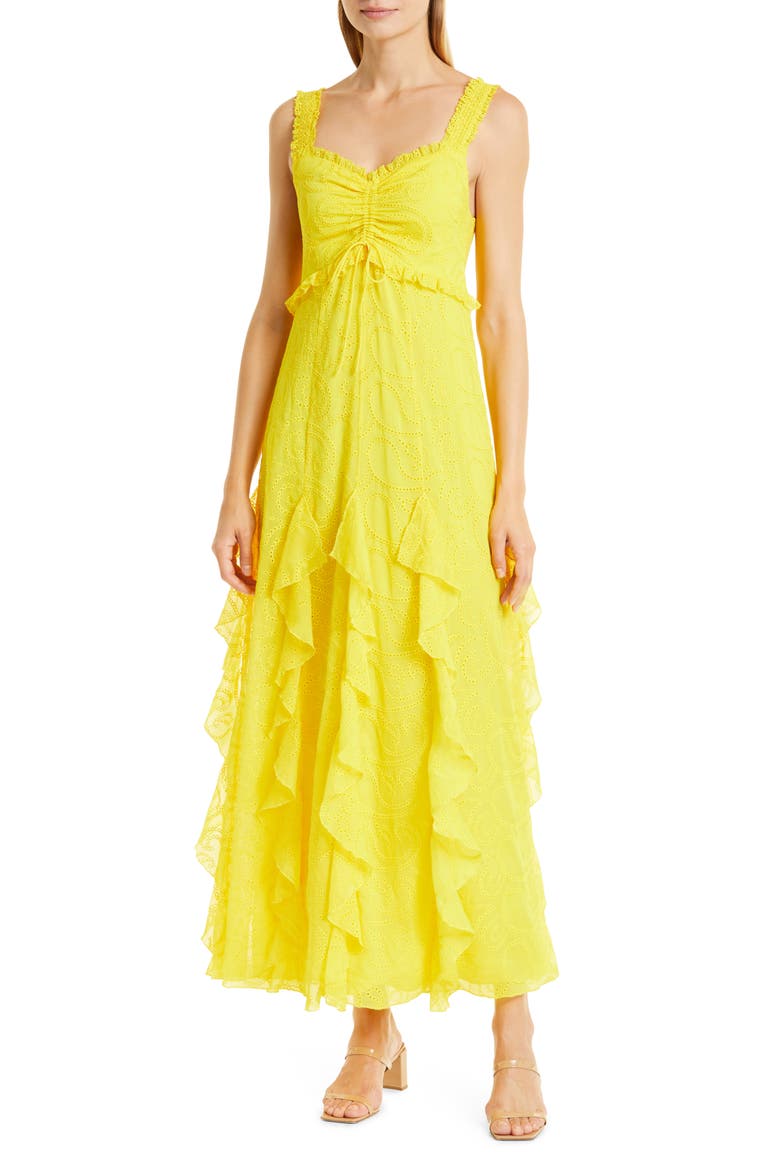 Rue Ruffle Embroidered Empire Waist Maxi Dress, Main, color, SUNBEAM
