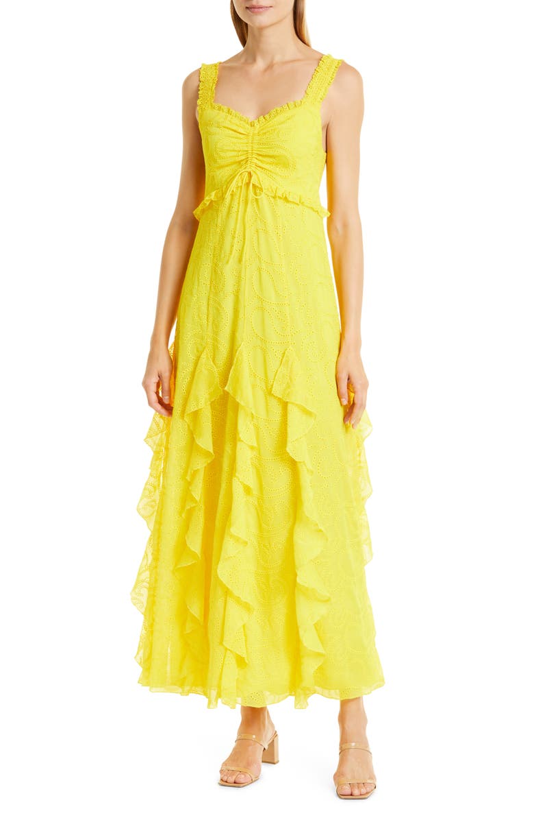 Alice + Olivia Rue Ruffle Embroidered Empire Waist Maxi Dress, Main, color, 