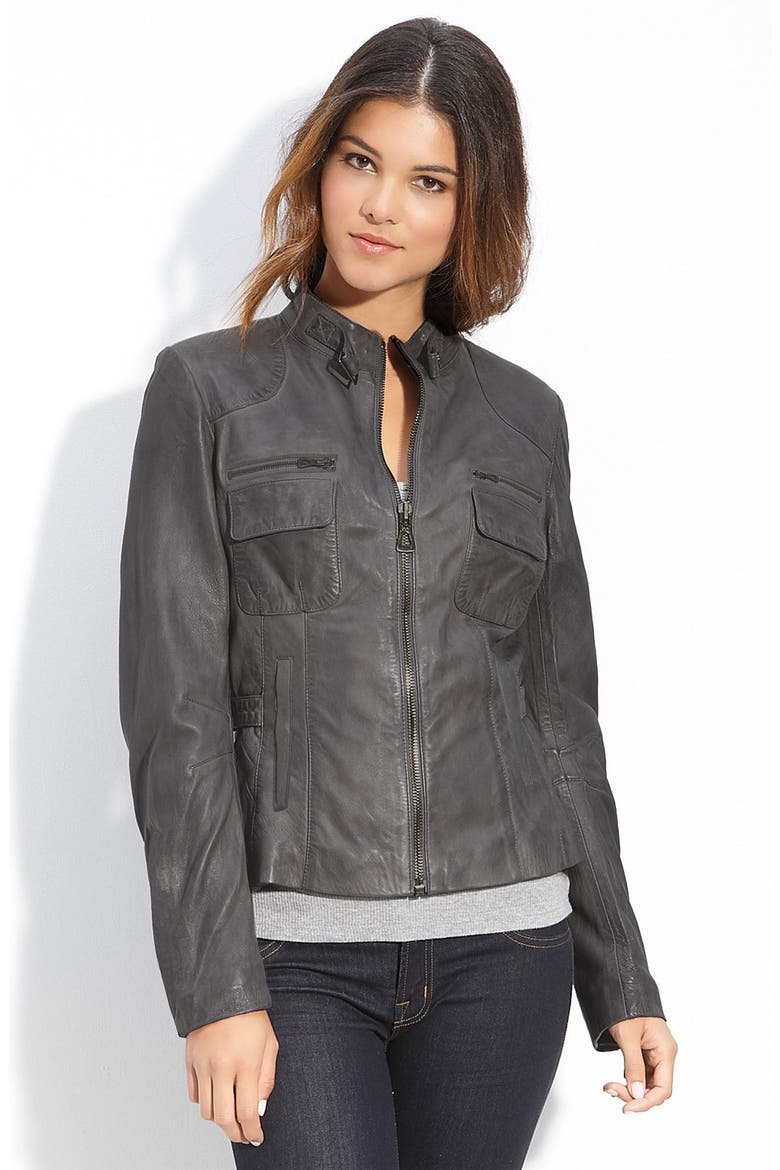 Stand Collar Leather Jacket, Main, color, GRAPHITE