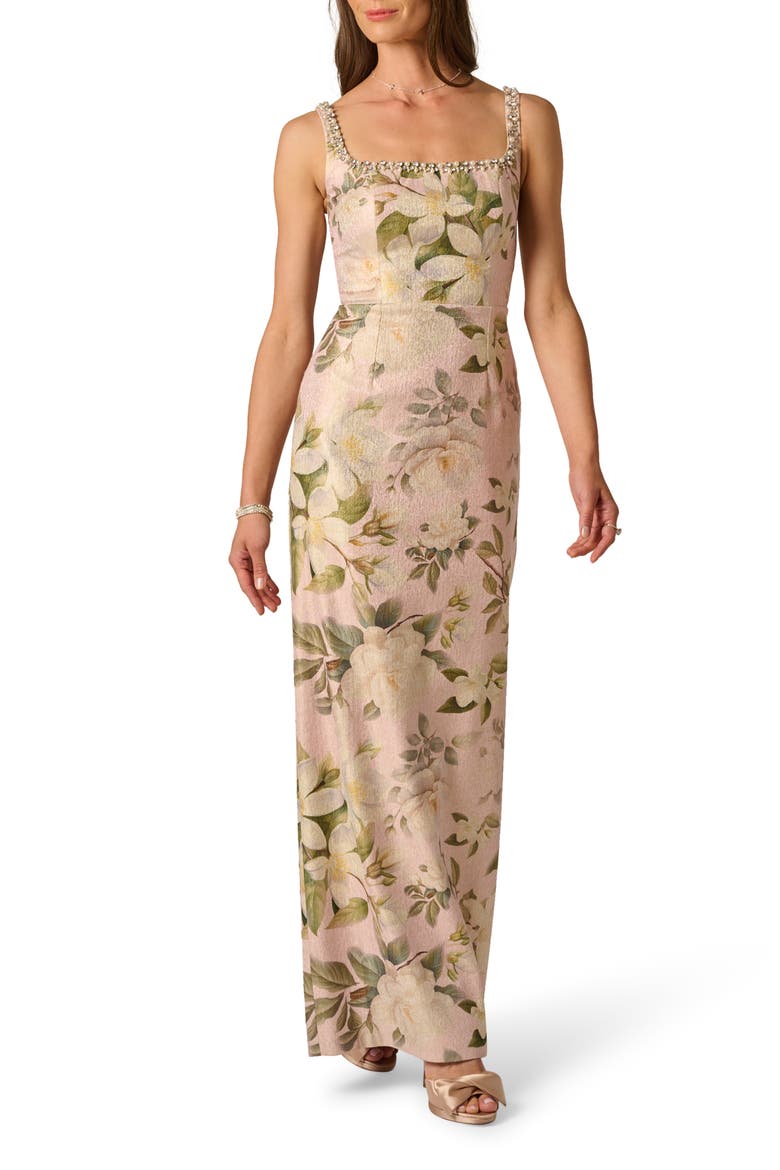 Beaded Jacquard Column Gown, Main, color, BLUSH MULTI