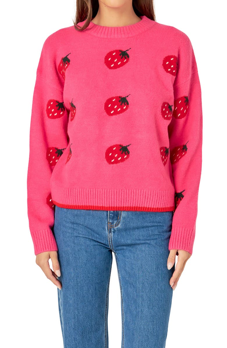 English Factory Strawberry Jacquard Crewneck Sweater, Alternate, color, 