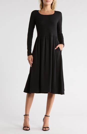 Melrose And Market Long Sleeve Fit & Flare Midi Dress In Black
