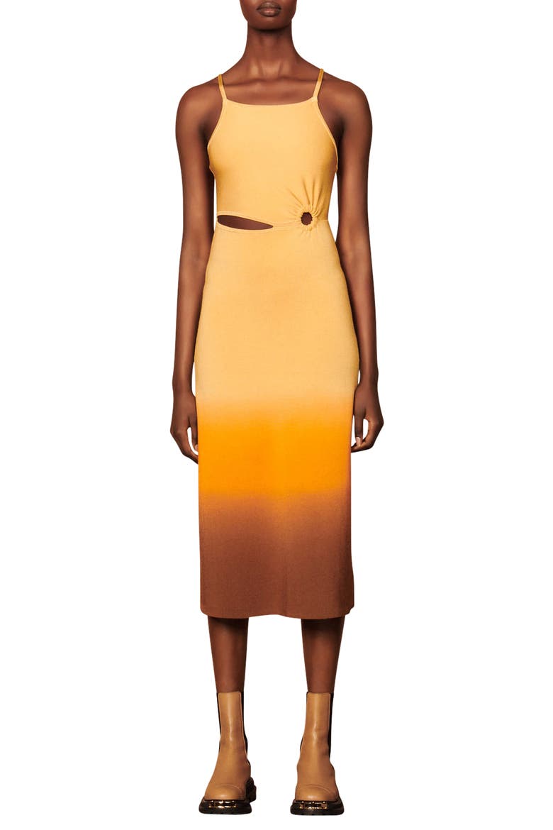 Aja Cutout Ombré Midi Dress, Main, color, BEIGE / ORANGE / MARRON