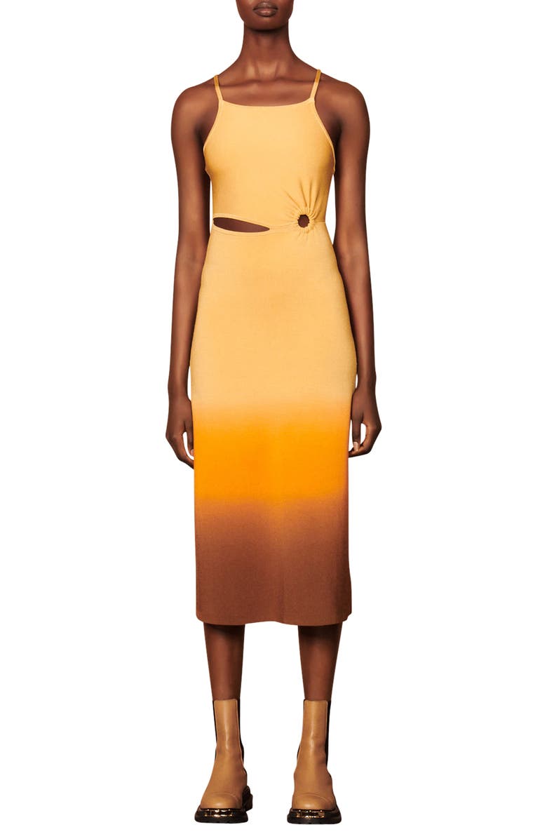 SANDRO Aja Cutout Ombré Midi Dress, Main, color, Beige / Orange / Marron