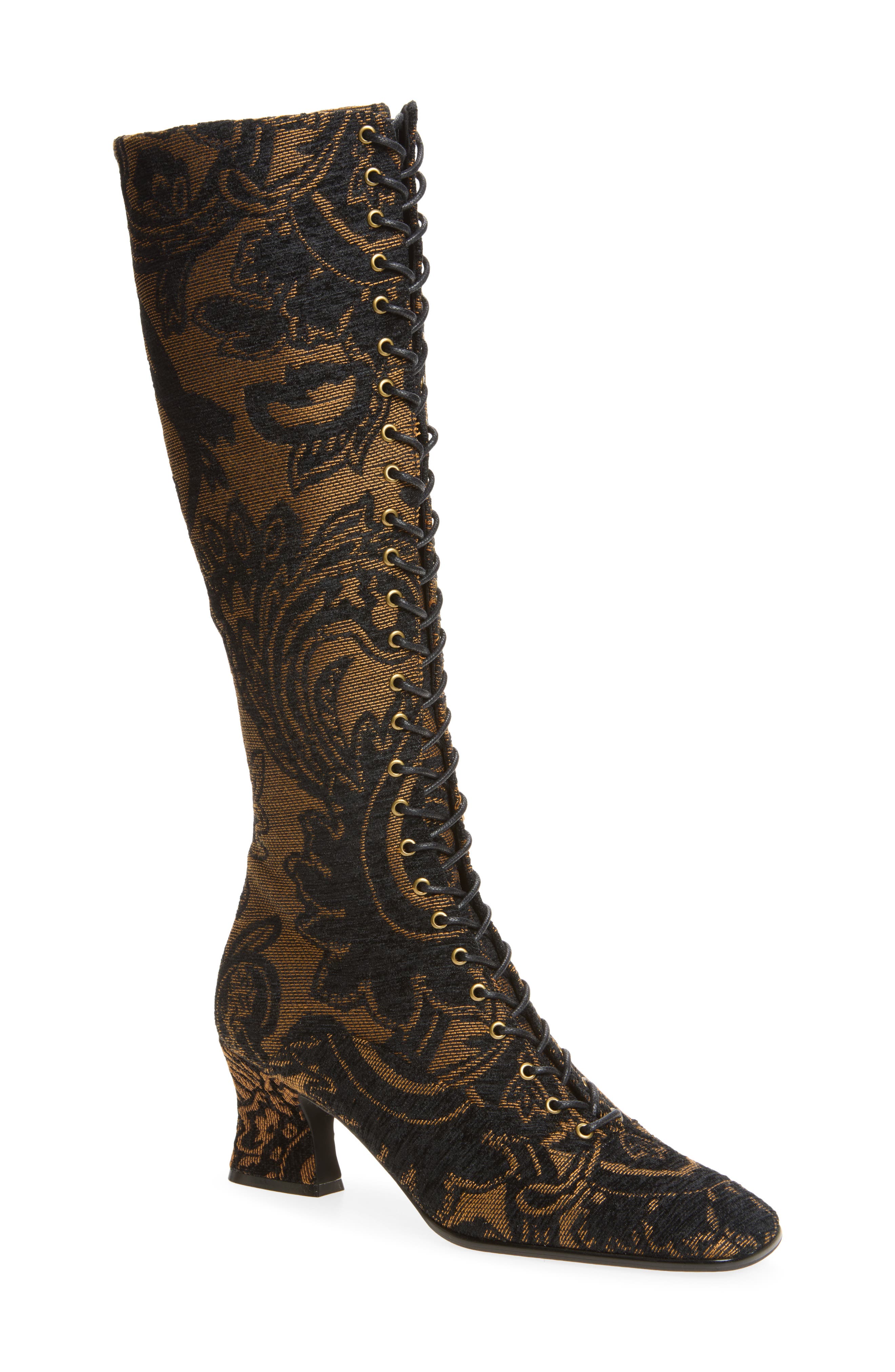 Damien-T Knee High Lace-Up Boot, Main, color, DARK BROWN TAPESTRY