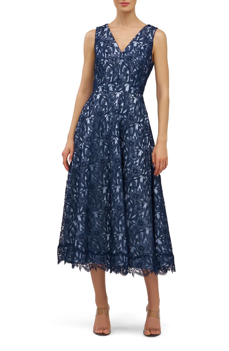Kay Unger Danielle Sleeveless Lace Dress, Main, color, Blue Bird/ Midnight