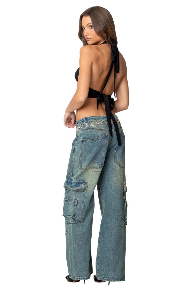 EDIKTED Open Back Triangle Hem Crop Halter Top, Alternate, color, Black