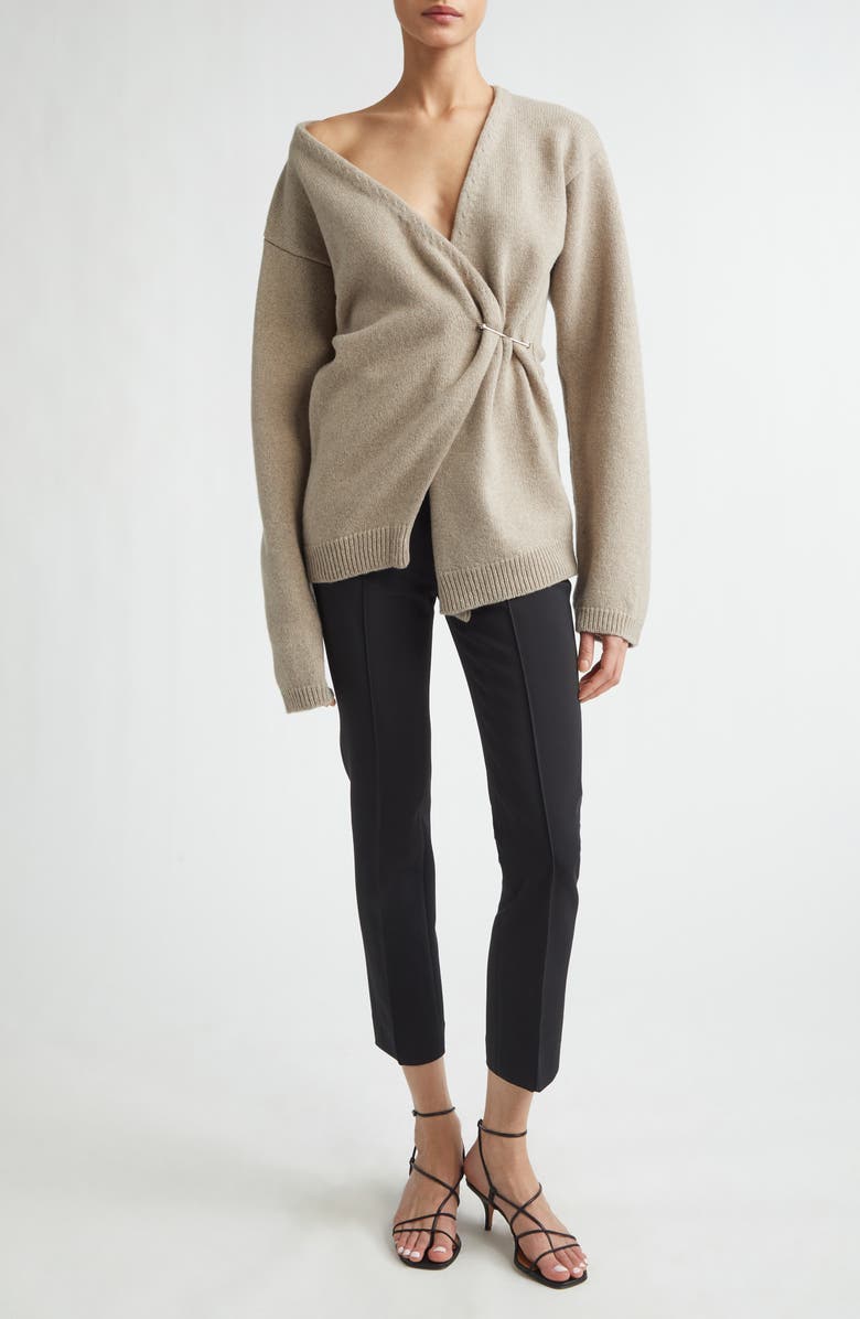 Róhe Safety Pin Off the Shoulder Wool & Cashmere Wrap Cardigan, Alternate, color, Light Taupe