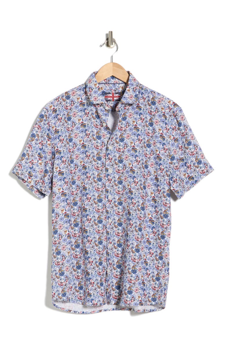 Floral Short Sleeve Viscose & Linen Button-Up Shirt, Alternate, color, WHITE MULTI/ MULTI