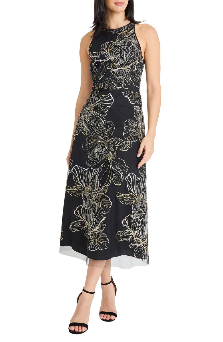 Maggy London Embroidered Sleeveless Evening Dress, Main, color, Black/ Champagne