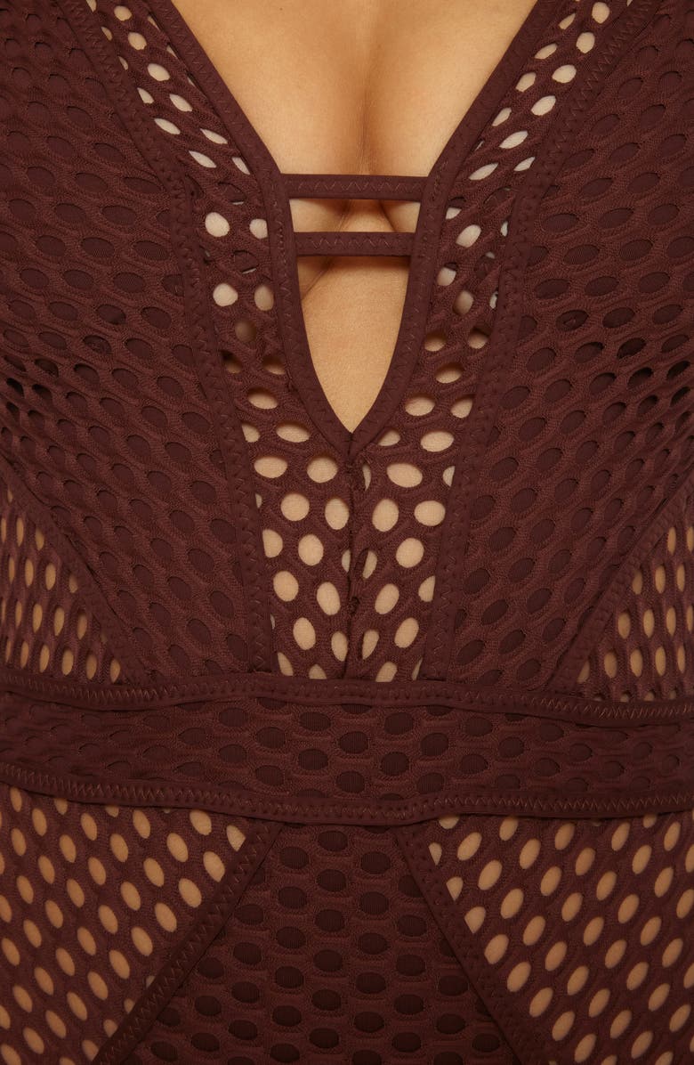 Becca Castaway Fishnet Plunge One-Piece Swimsuit, Alternate, color, Brown