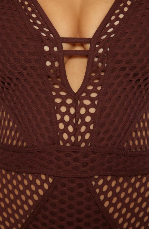 Shop Becca Castaway Fishnet Plunge One-piece Swimsuit In Brown