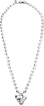 UNODE50 Long Sterling Silver Plated Ball Necklace With Heart Detail
