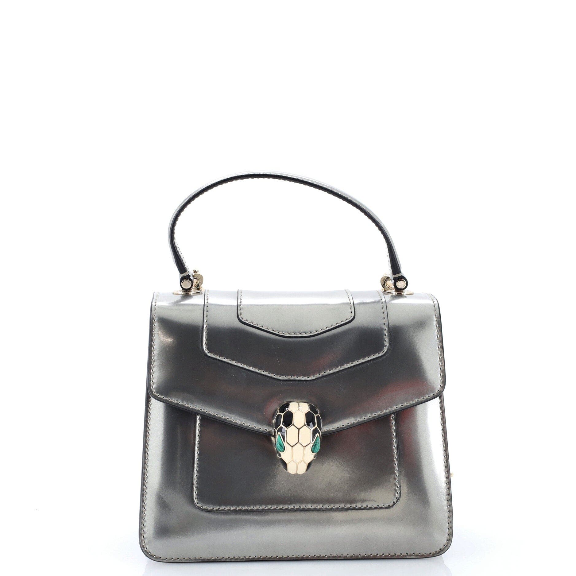 Serpenti Forever Top Handle Bag Patent Small, Main, color, Metallic Silver