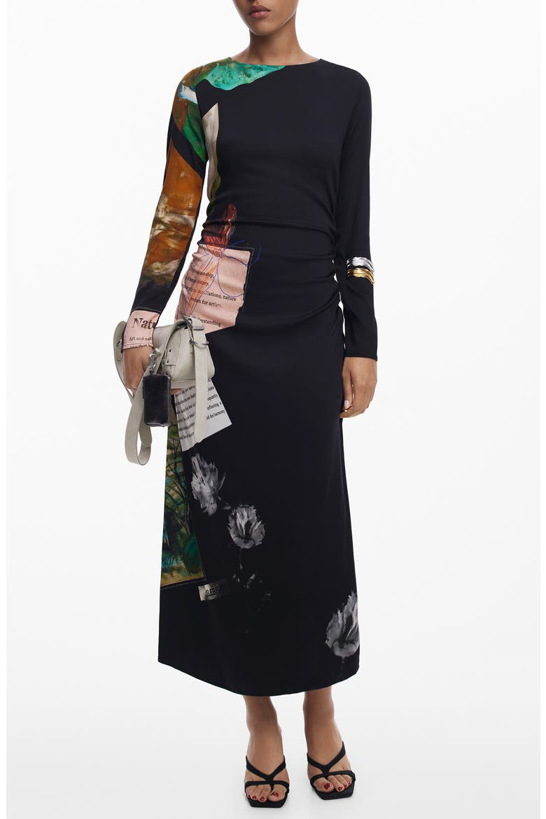 Mix Print Long Sleeve Midi Dress, Main, color, BLACK