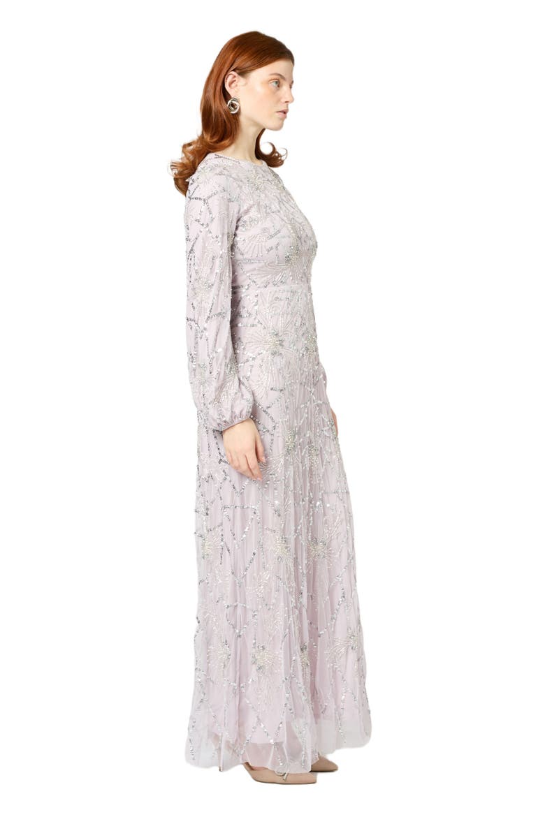Modest Embellished Sequin Beaded Maxi Dress With Sleeve, Alternate, color, LILAC