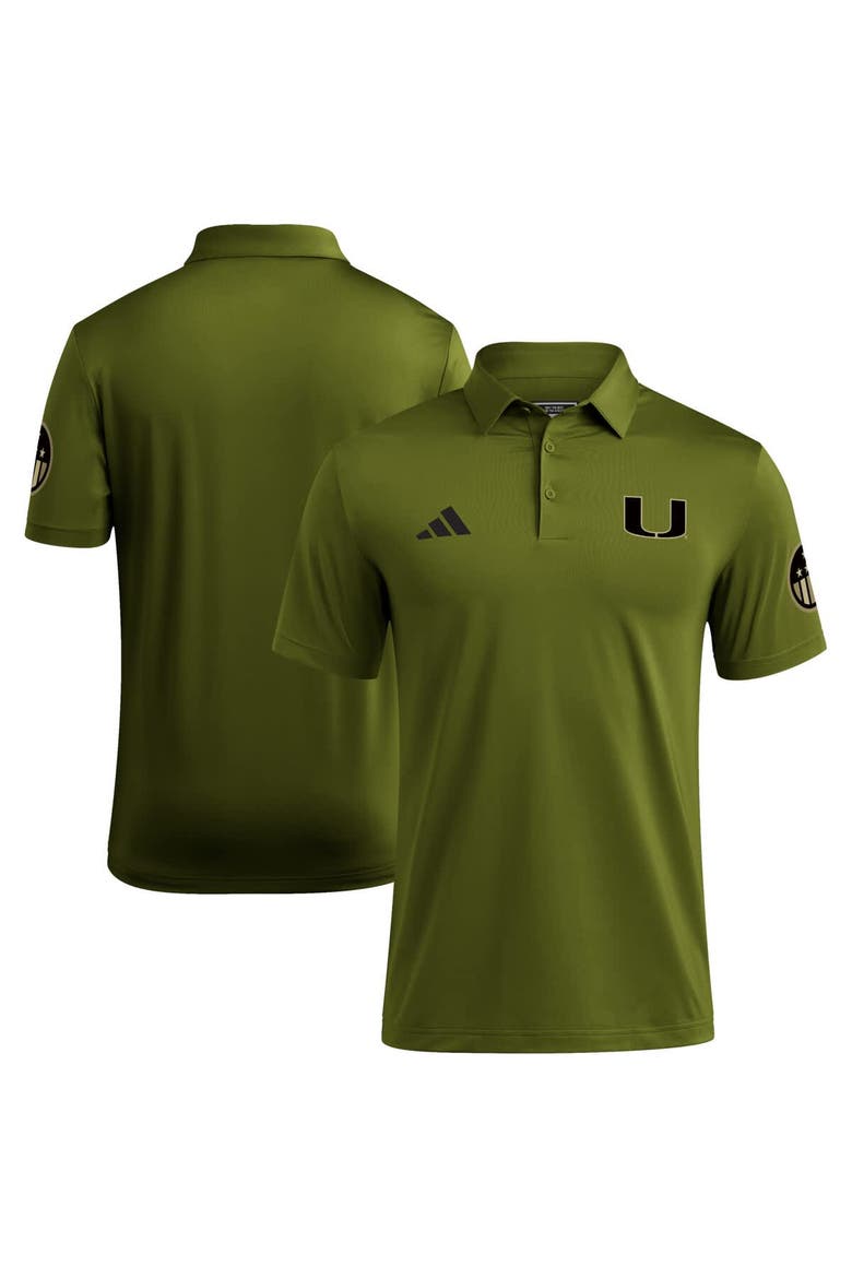 Men's adidas Olive Miami Hurricanes Salute to Service Ultimate365 Solid Polo, Main, color, Olive