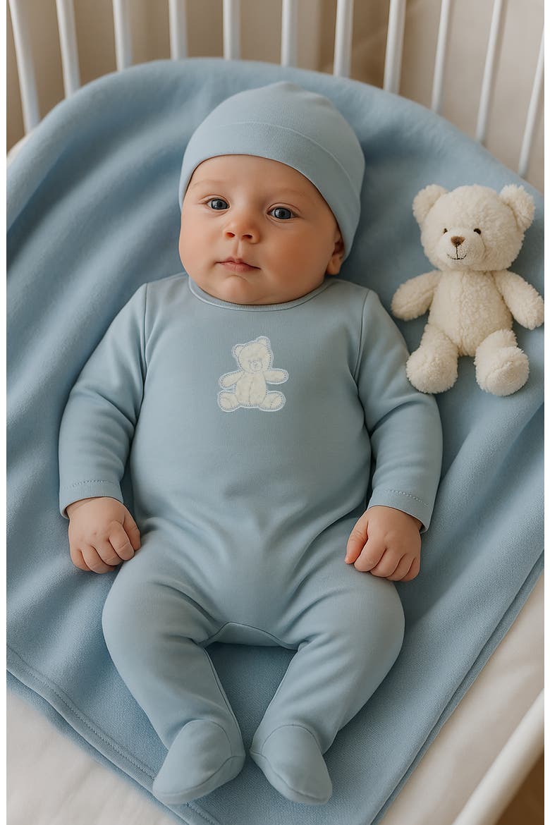 Bear Appliqué Footie & Beanie Set, Alternate, color, SKY BLUE
