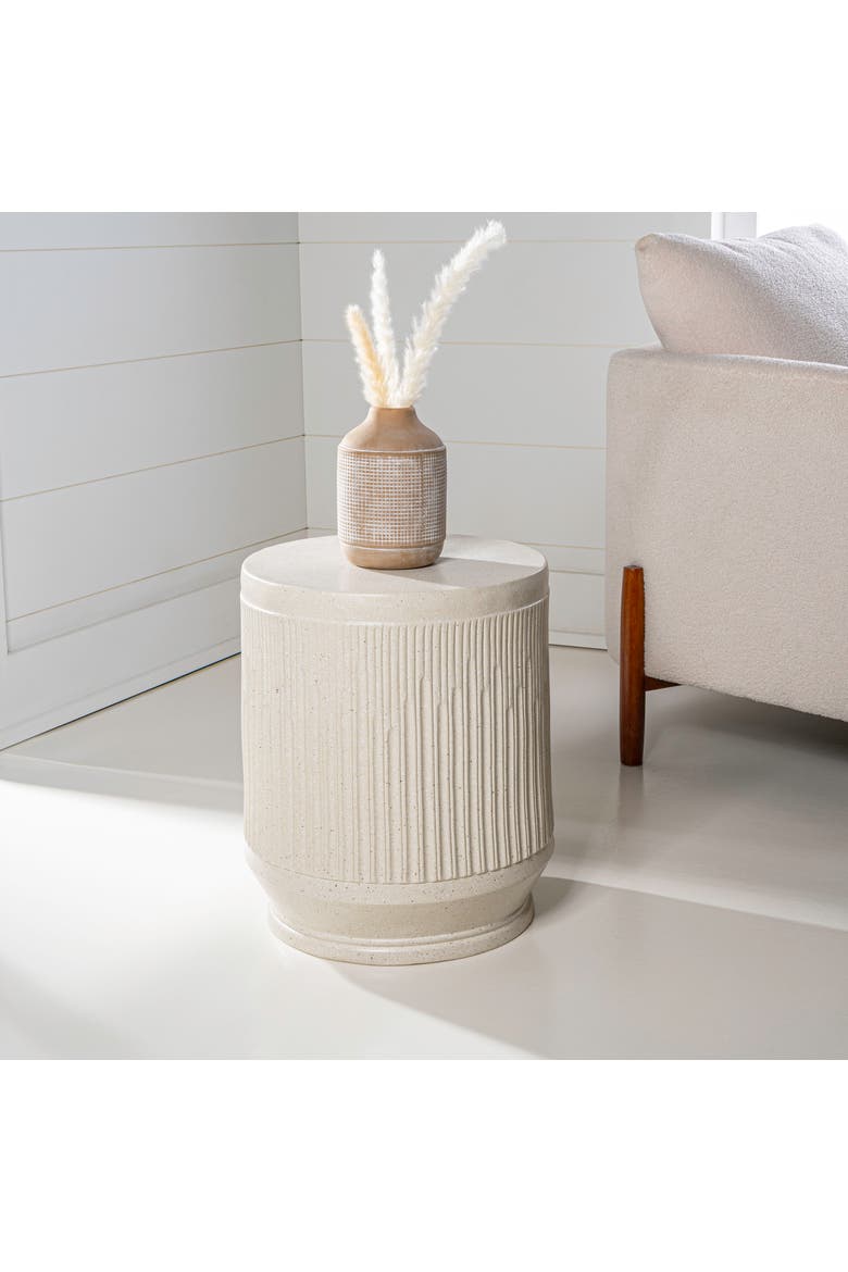 Kline Modern Ribbed UV-Resistant Resin Outdoor Accent Table, All-Weather Patio Drum Side Table & Garden Stool, Alternate, color, Cream Terrazzo