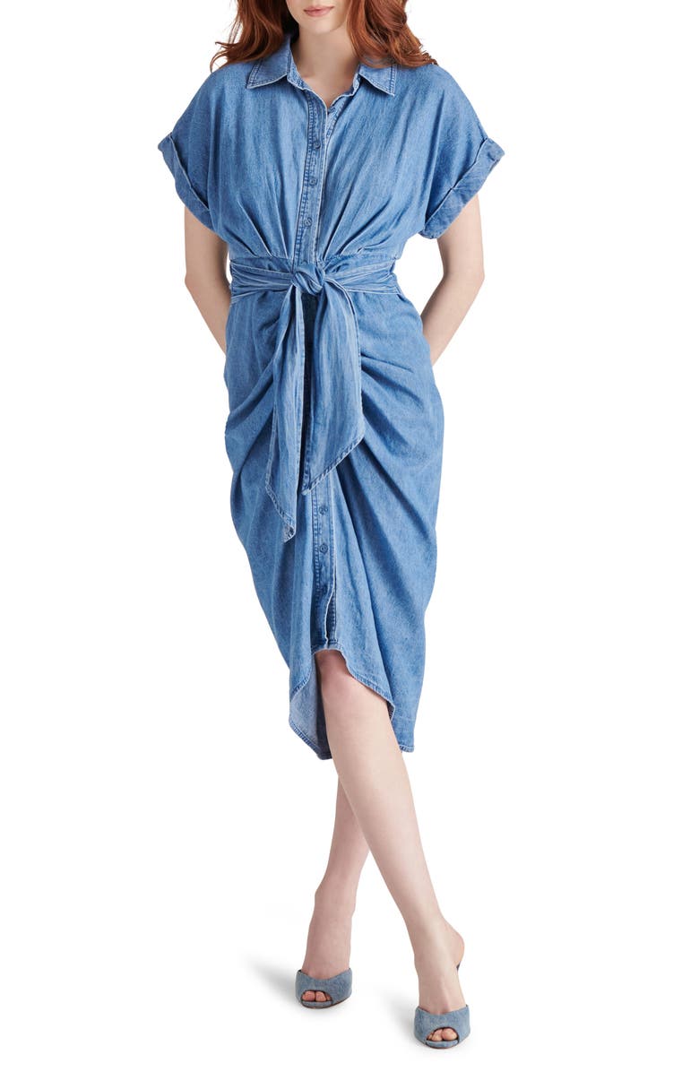 Steve Madden Tori Tie Waist Denim Midi Shirtdress, Main, color, Chambray Blue