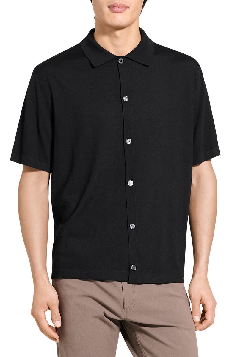 Theory Relaxed Short Sleeve Merino Wool Button-Up Shirt, Main, color, Black - 001