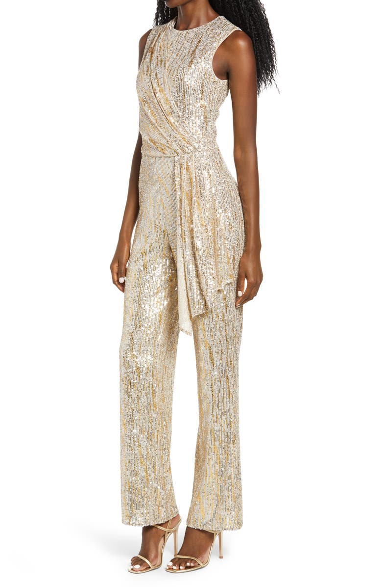 Saylor Briar Gold Foiled Sequin Sleeveless Jumpsuit, Alternate, color, 