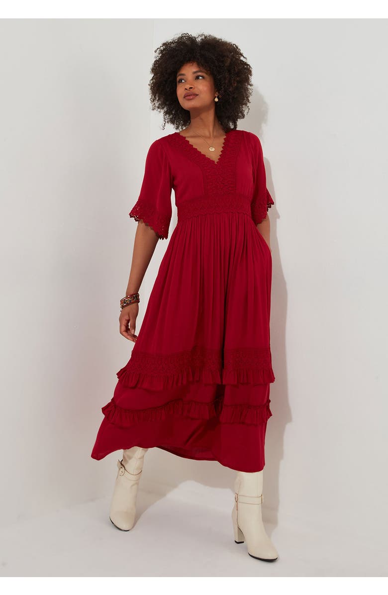 Joe Browns Crochet Trim Boho Midi Dress, Main, color, Classic Red