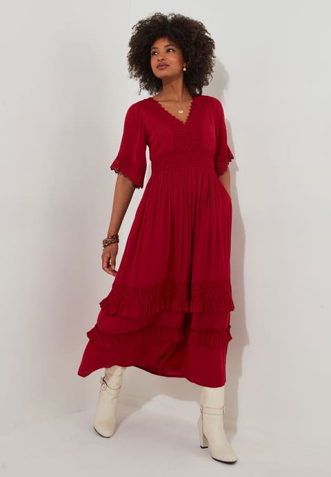 Crochet Trim Boho Midi Dress (Plus)