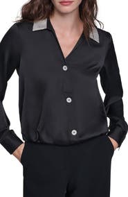 KARL LAGERFELD PARIS Crystal Collar Satin Surplice Shirt