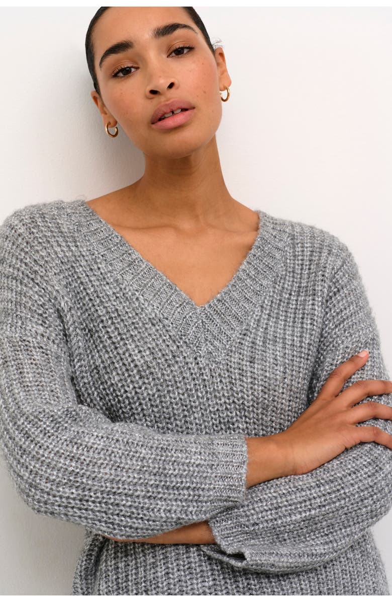 Kaffe Kavinda V-Neck 3/4 Sleeves Pullover, Alternate, color, Grey Silver Metallic