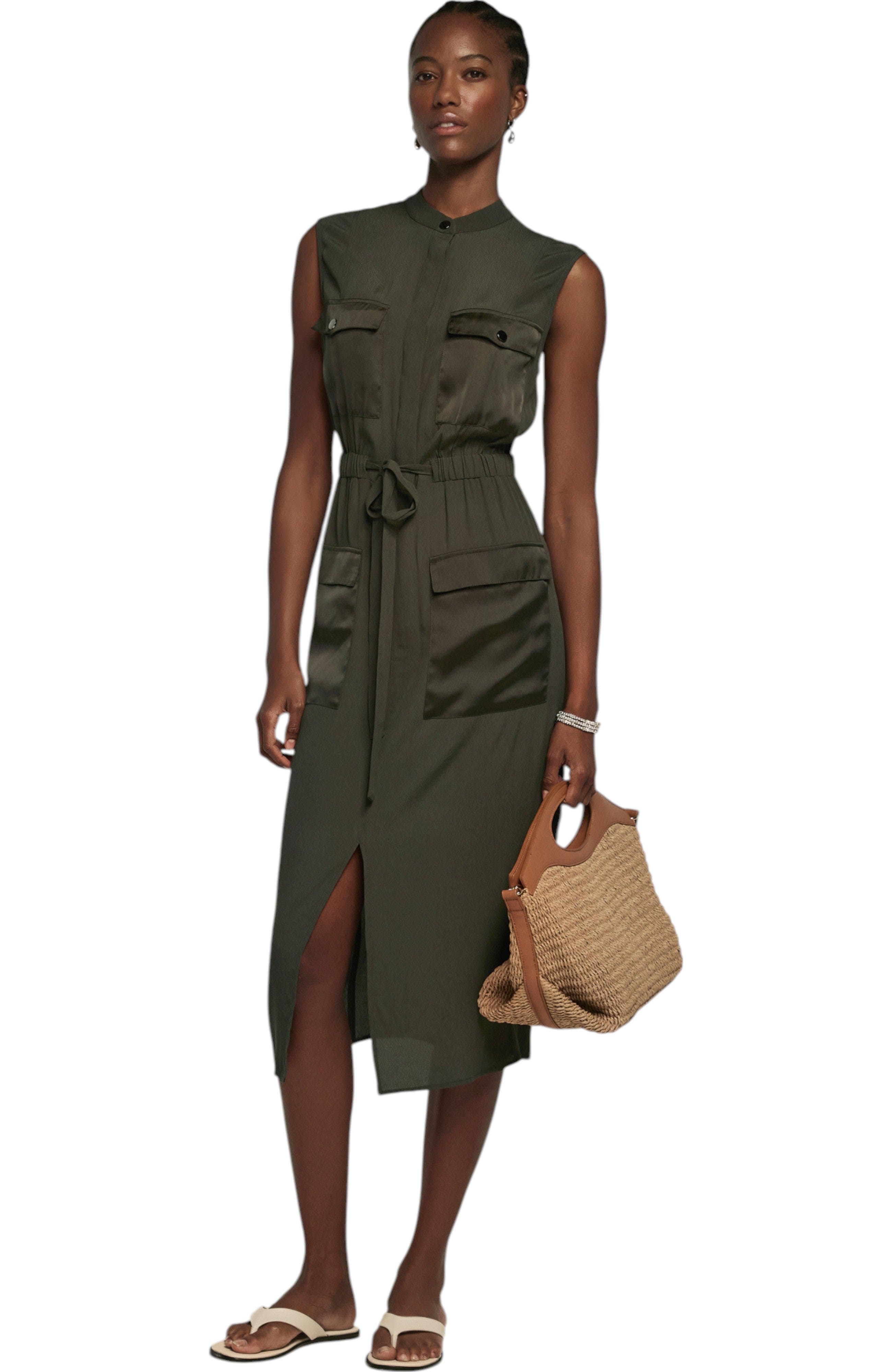 Satin Mix Utility Shirt Dress