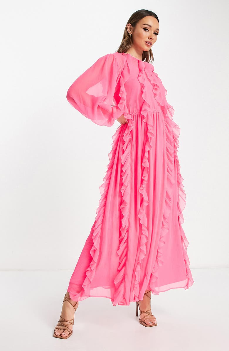 ASOS DESIGN Ruffle Detail Long Sleeve Maxi Dress, Alternate, color,