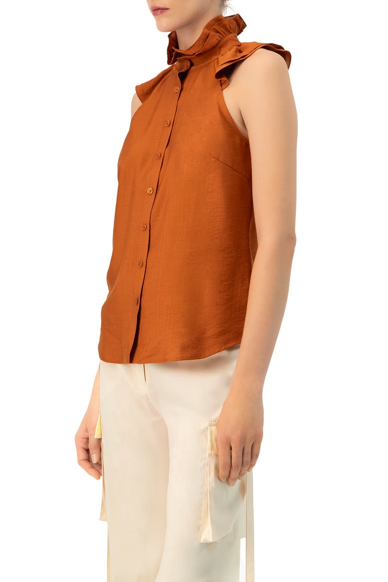Sleeveless High Neck Blouse with Front Buttons, Alternate, color, Brown