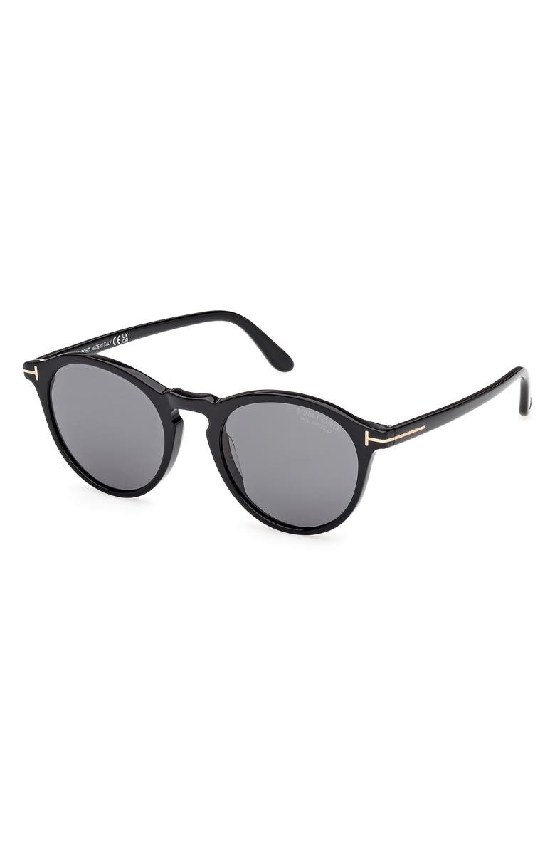 TOM FORD 52mm Polarized Round Sunglasses, Alternate, color, Shiny Black / Smoke Polarized