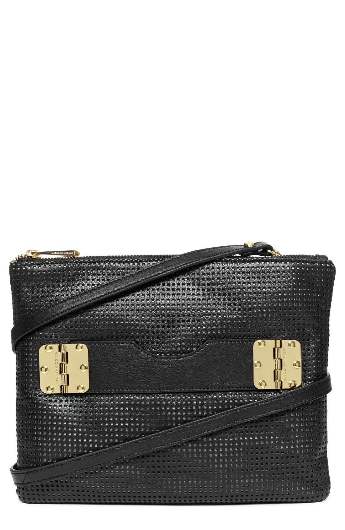 Hayden Harnett 'Bowdoin' Crossbody Bag, Main, color, BLACK PERFORATED