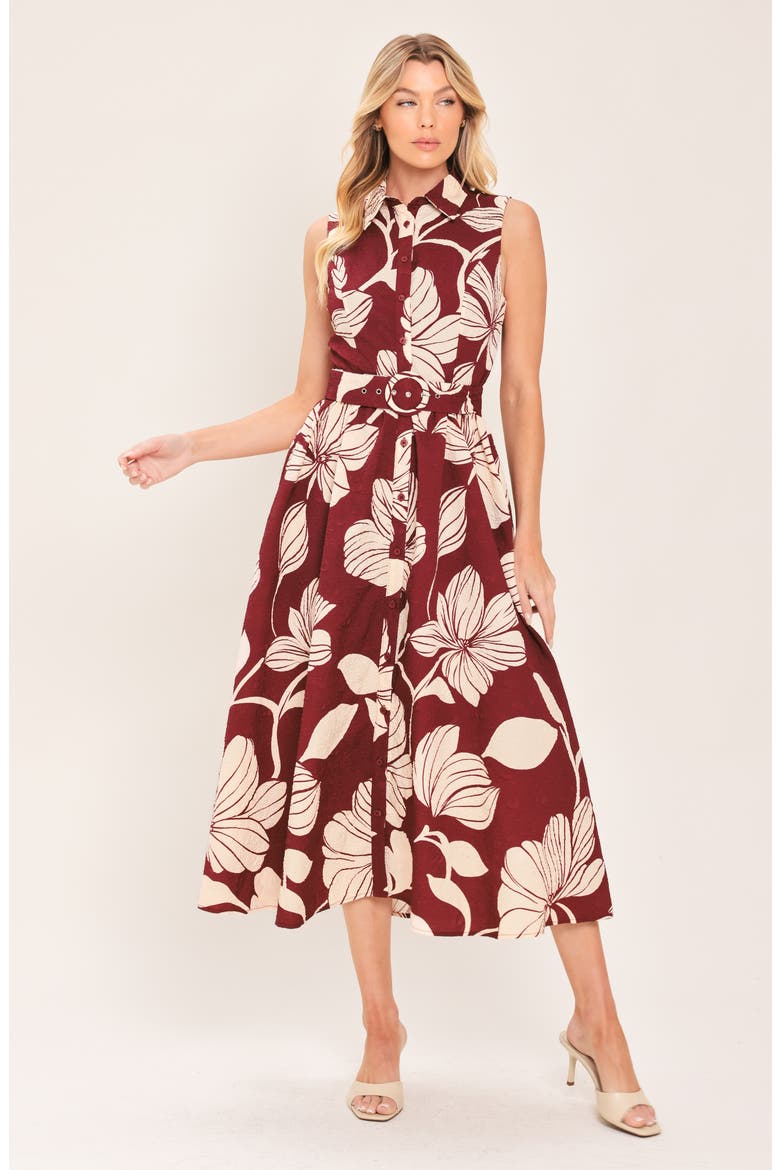 Printed Belted Midi Shirtdress, Alternate, color, BURGUNDY