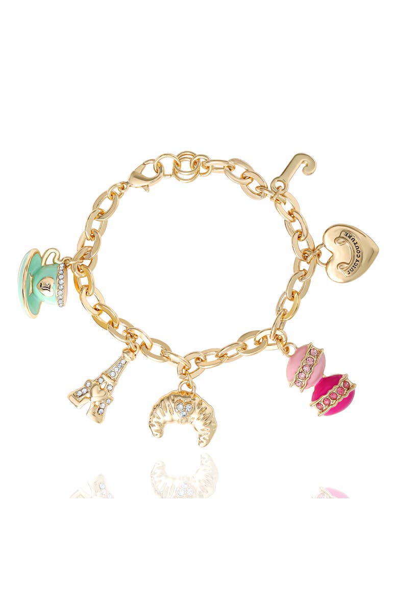 Paris Travel Charm Bracelet, Macaron, Croissant, Main, color, Gold Tone