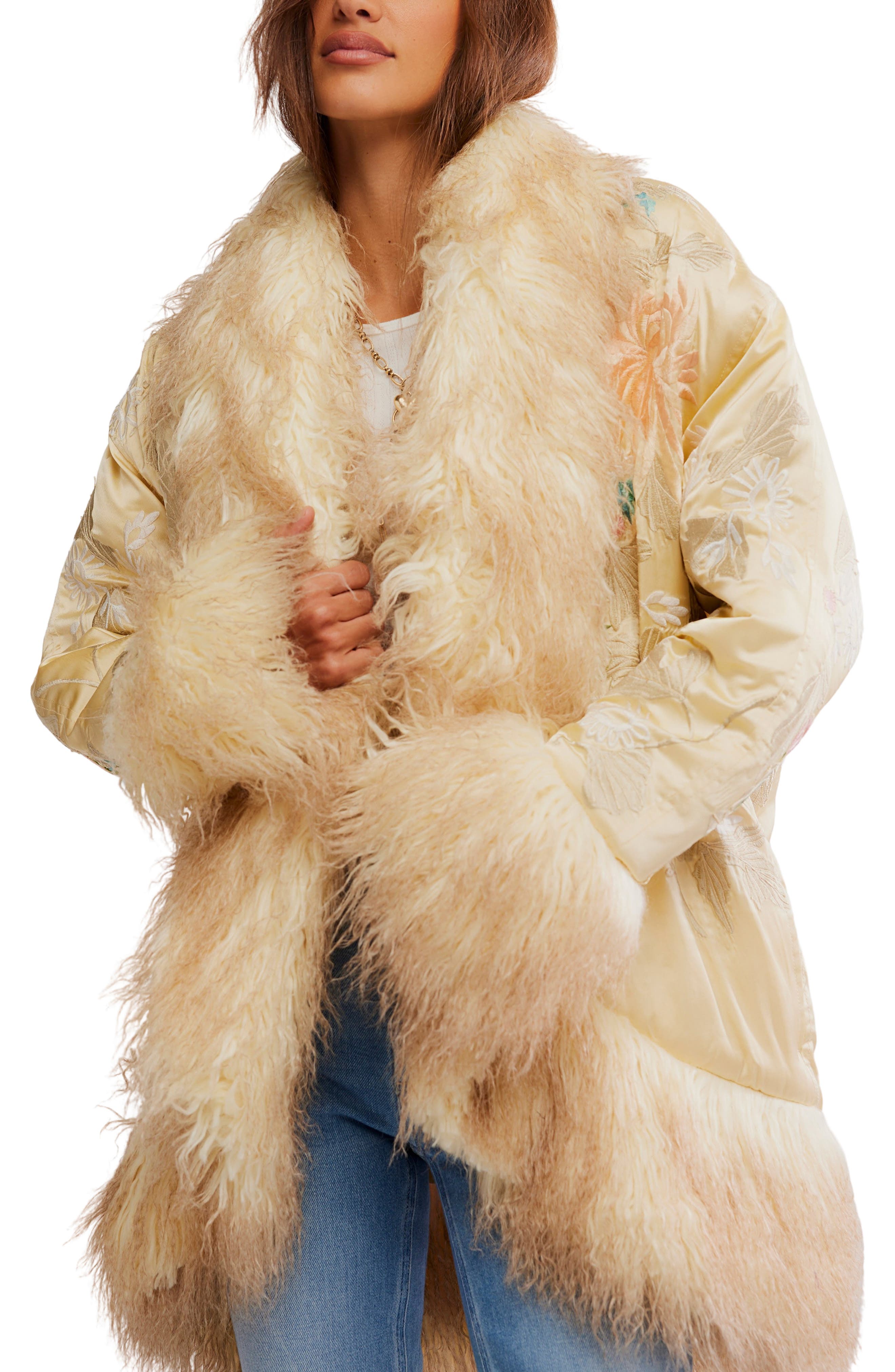 Free People Moon Petals Floral Detail Jacket with Faux Fur Trim