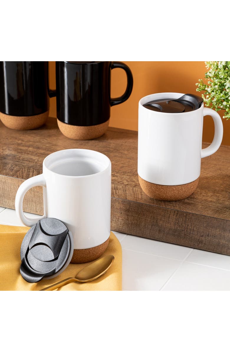 Gibson Home Modani 2 Piece 16.5 Ounce Stoneware Mug Set with Lid and Cork Base, Alternate, color, White