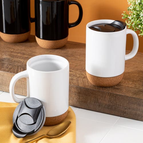 Gibson Home Modani 2 Piece 16.5 Ounce Stoneware Mug Set With Lid And Cork Base In White