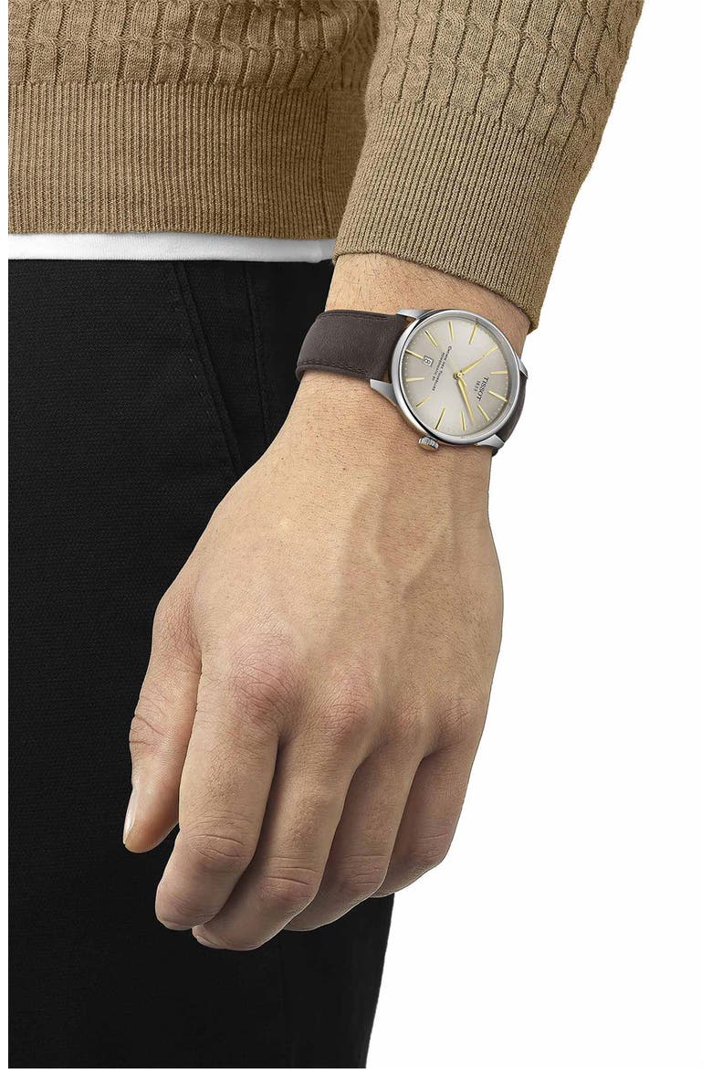 Chemin des Tourelles Leather Strap Watch, 42mm, Alternate, color, GREEN