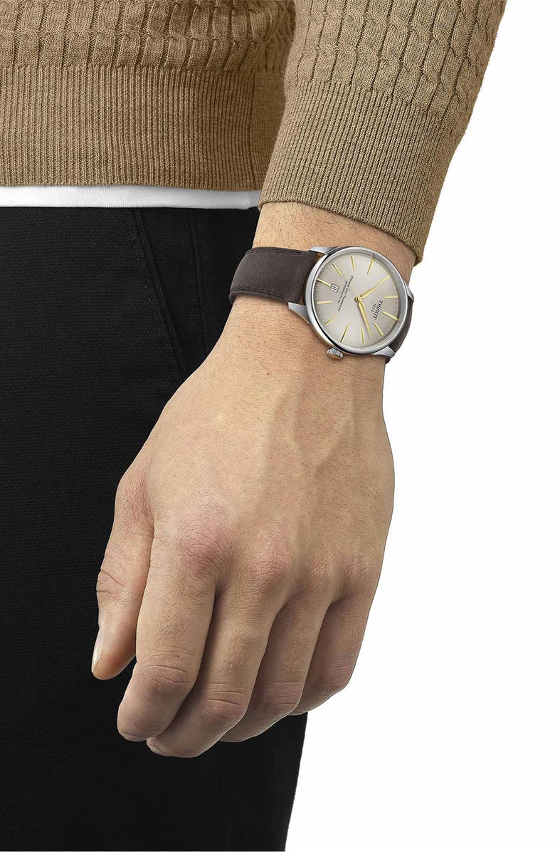 Tissot Chemin des Tourelles Leather Strap Watch, 42mm, Alternate, color, Green