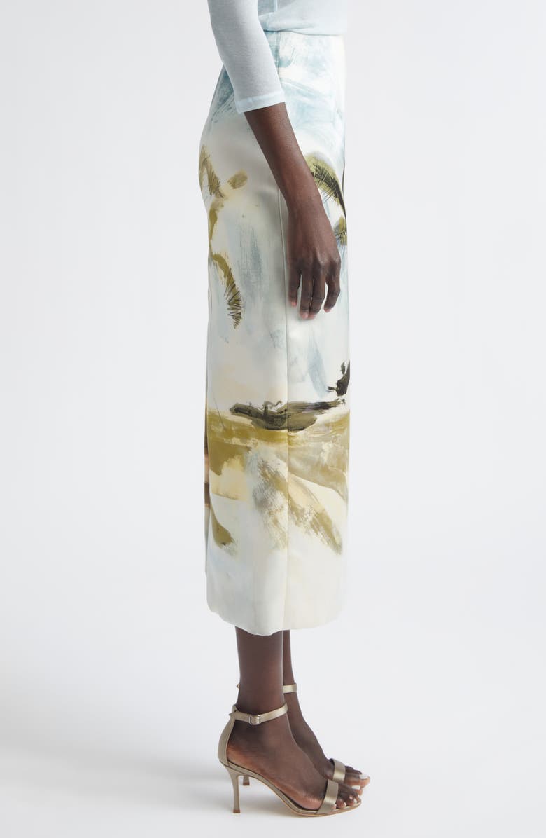 Oscar de la Renta Dominican Landscape Satin Pencil Skirt, Alternate, color, Blue Green Multi
