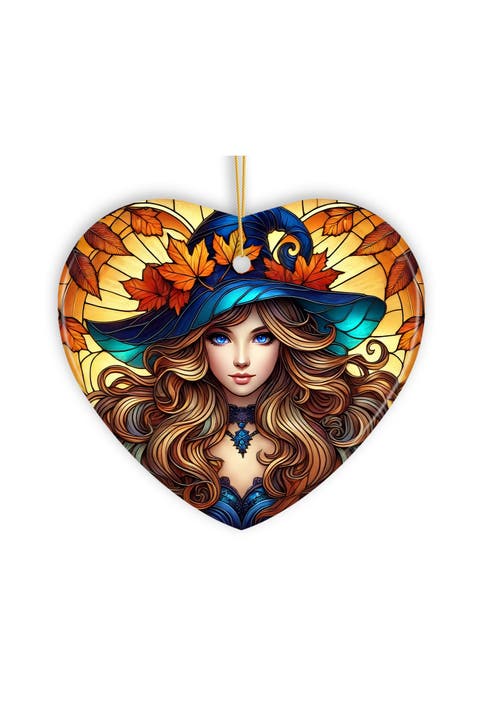 Enchanting Autumn Witch Heart Ceramic Ornament