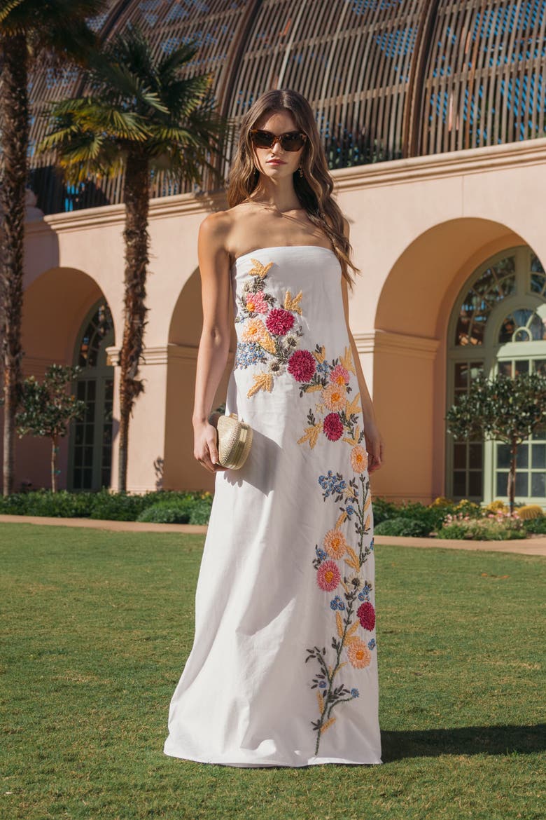 Strapless Floral Embroidered Linen Gown, Alternate, color, White Multi