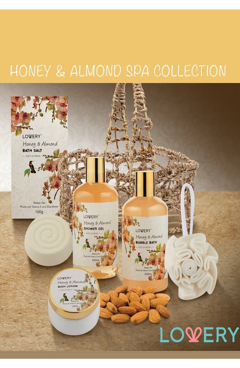 Lovery Honey & Almond Home Spa Gift Basket Luxury Set, Alternate, color, Light Beige / Brown