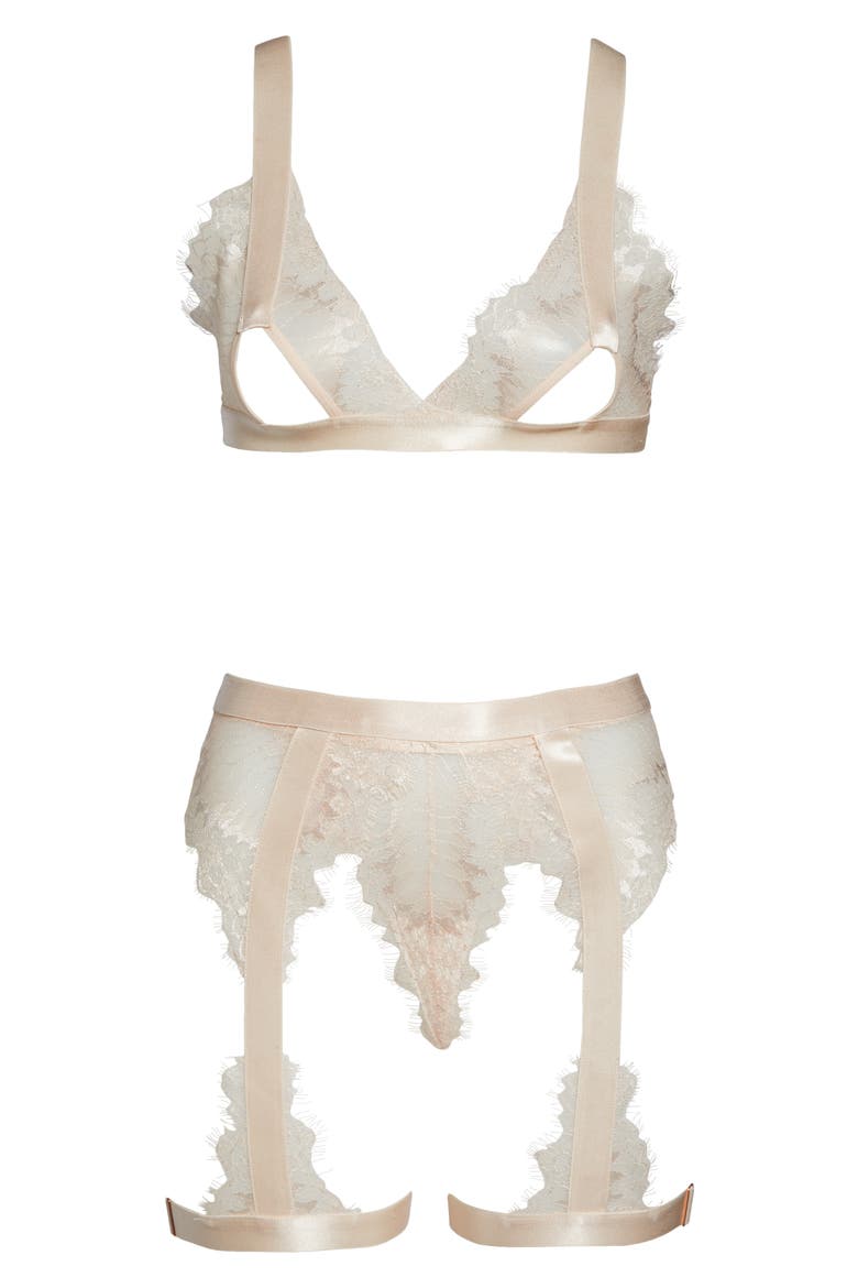 Open Cup Bralette, High Waist Panties & Suspenders Set, Alternate, color, SILVER PEONY